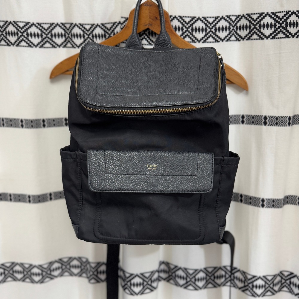 Tutilo Black Nylon Backpack with Faux Leather Trim | Laptop Diaper‎ Travel Bag